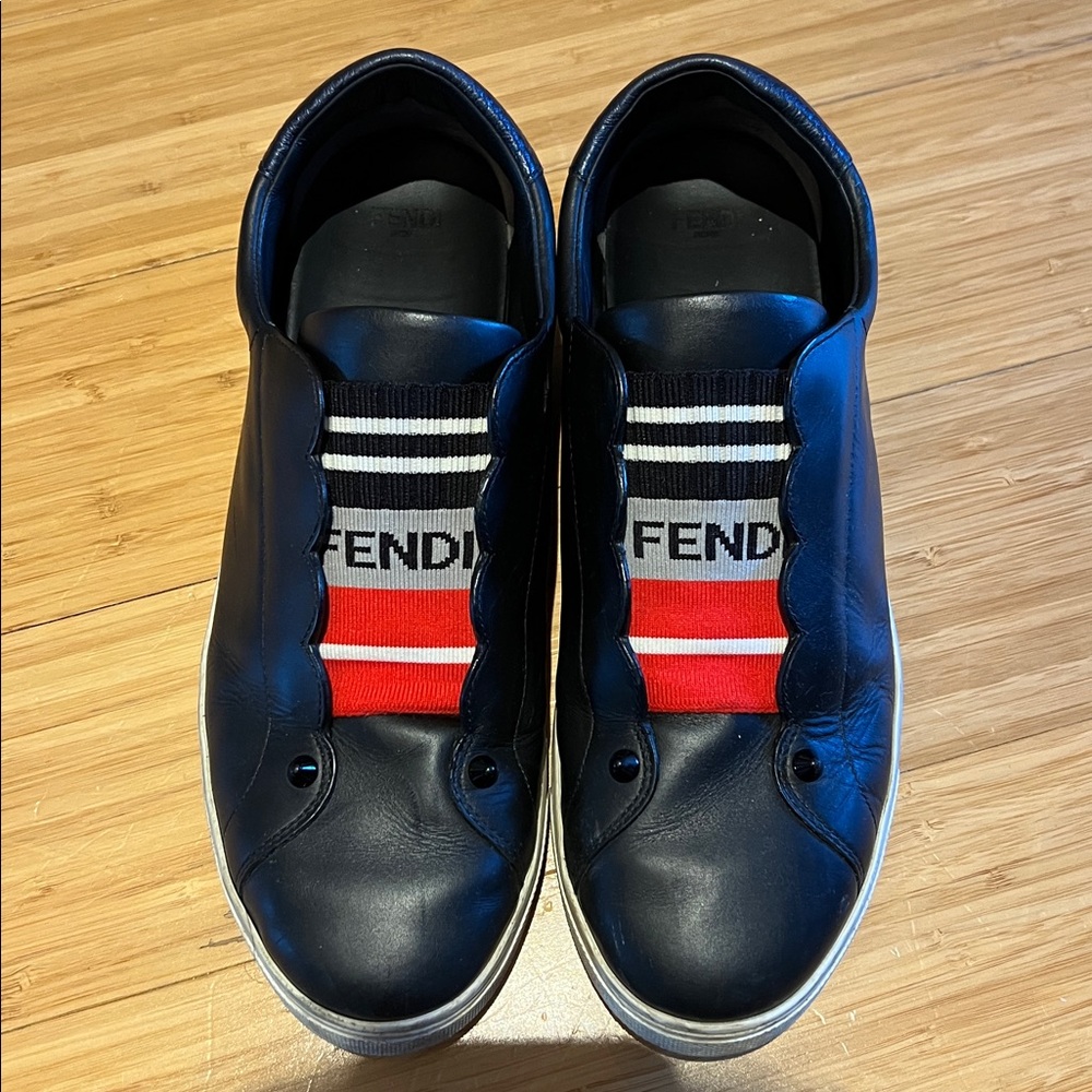 Fendi Black Sneakers with Red and White Stripes